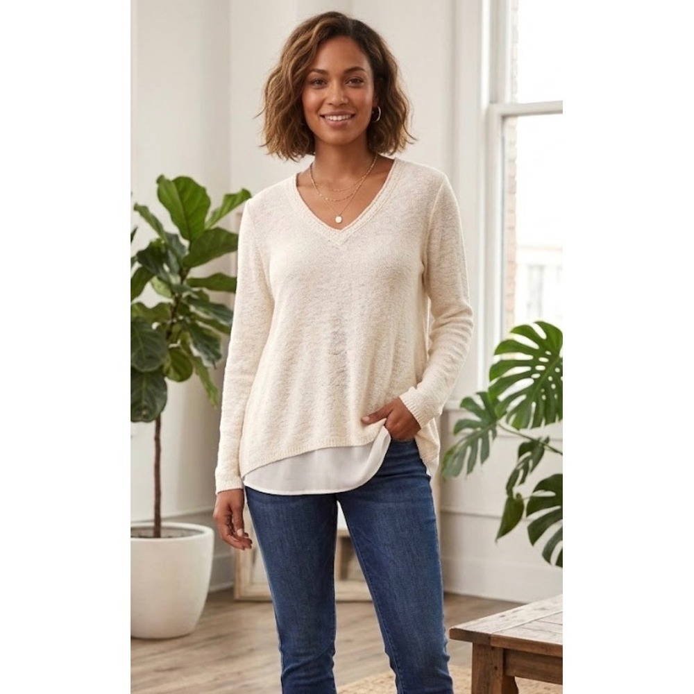 Two by Vince Camuto‎ Cream Knit Split Back Layered Sweater V-Neck Small